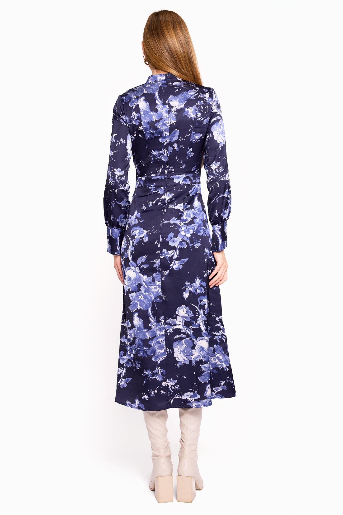 satin navy floral dress