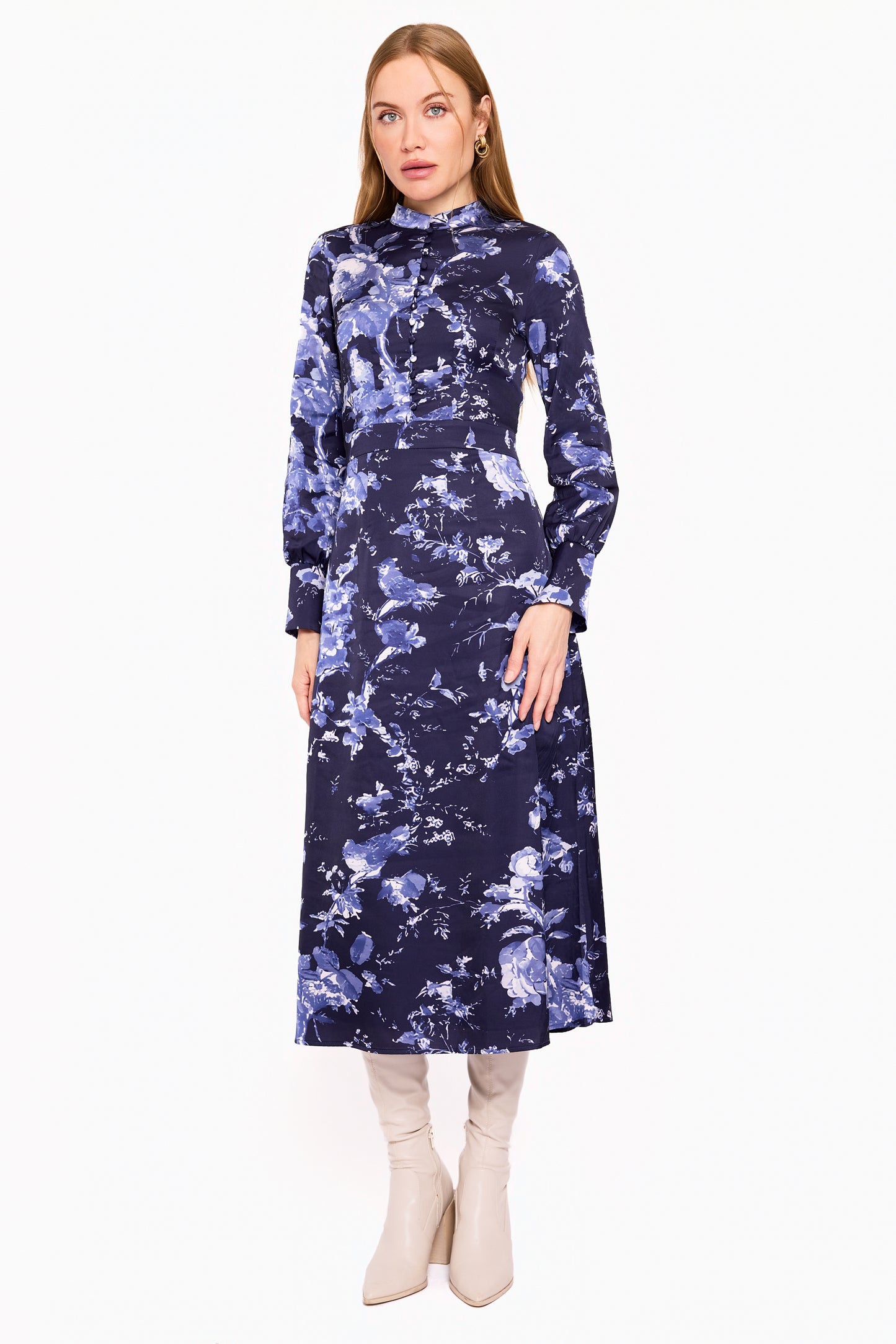 satin navy floral dress