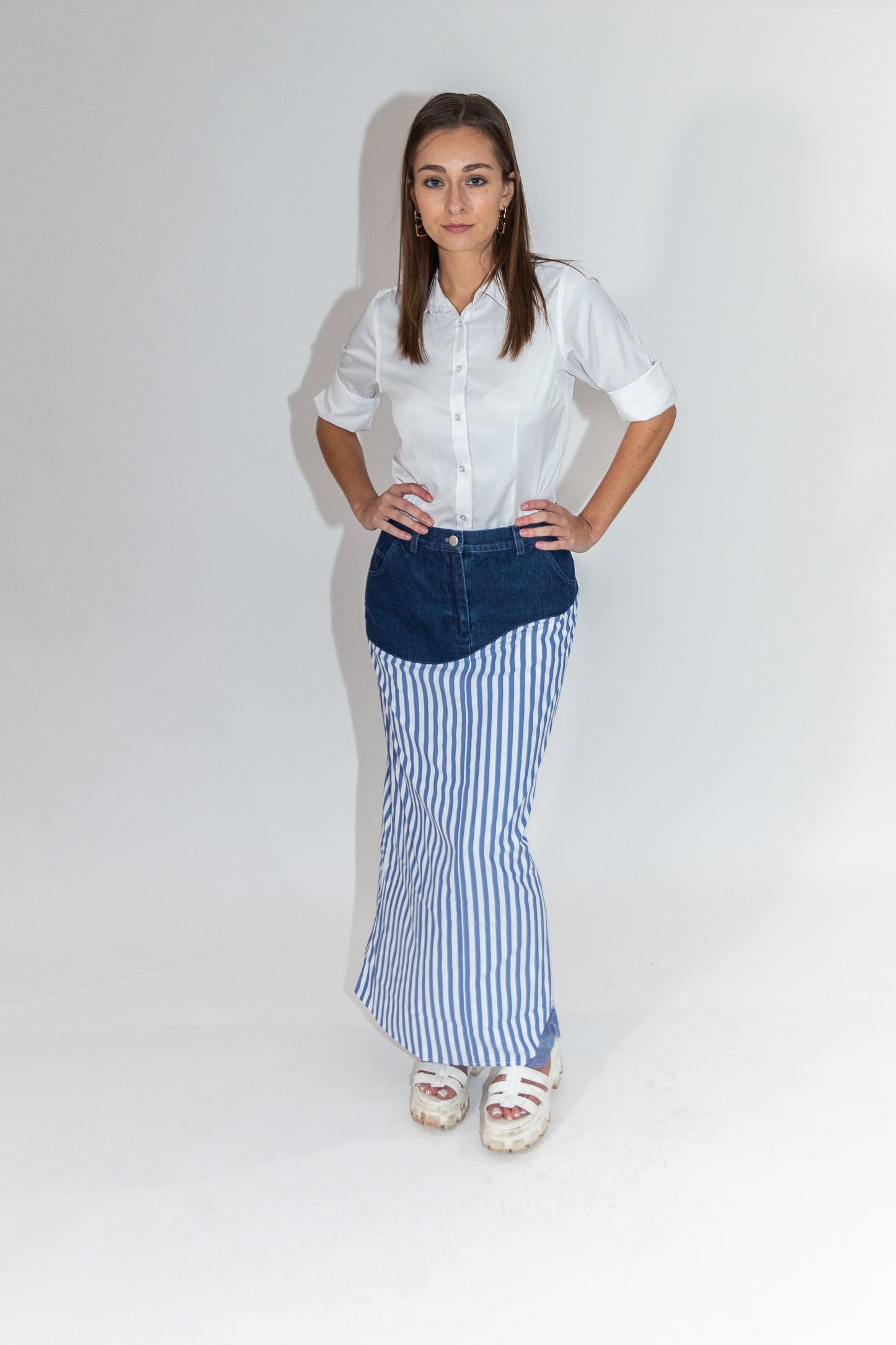 The Reimagined skirt - dark wash denim and blue stripes