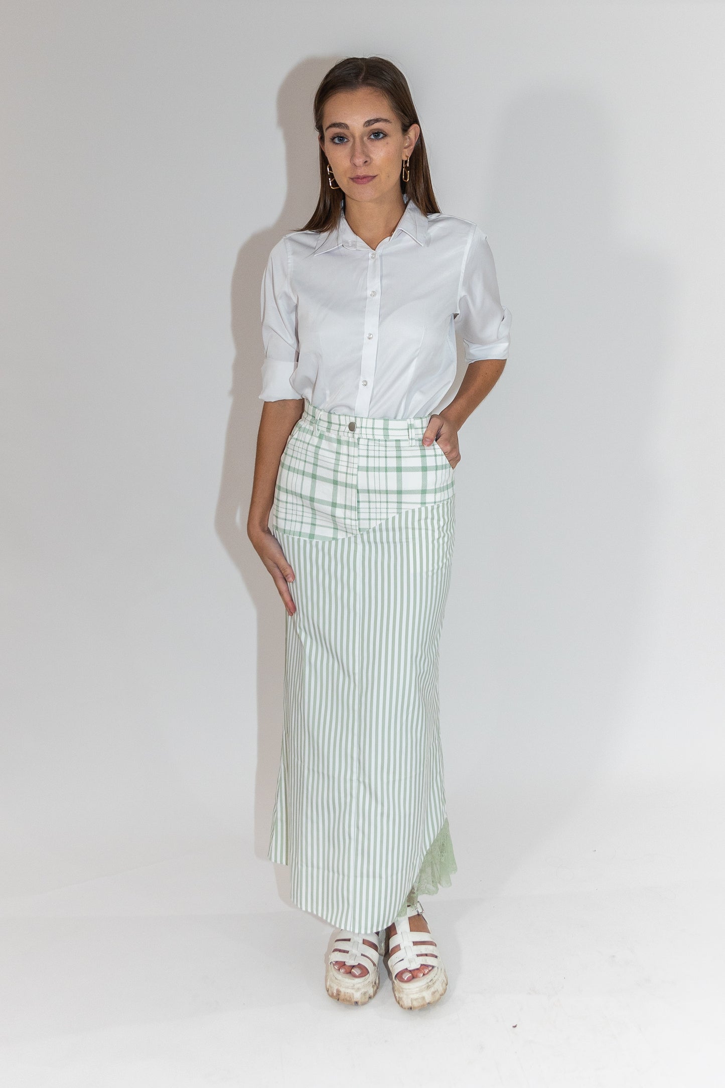 The Reimagined skirt - sage plaid denim and sage stripes