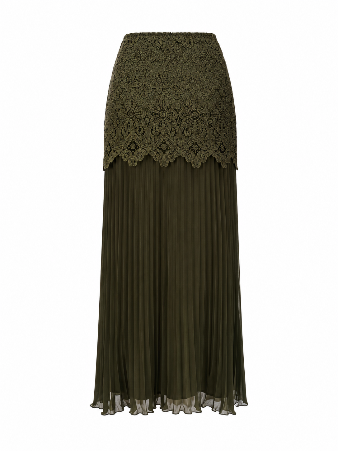 An olive green midi skirt featuring a floral lace overlay at the waist with a scalloped hemline and a pleated chiffon lower skirt.