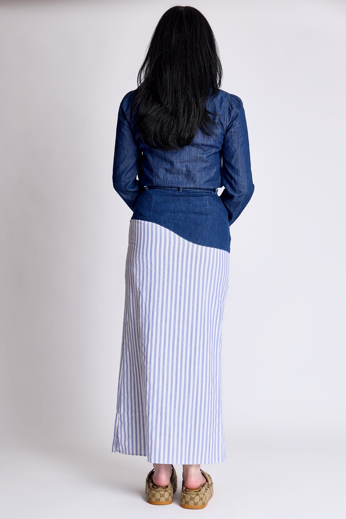 The Reimagined skirt - dark wash denim and blue stripes