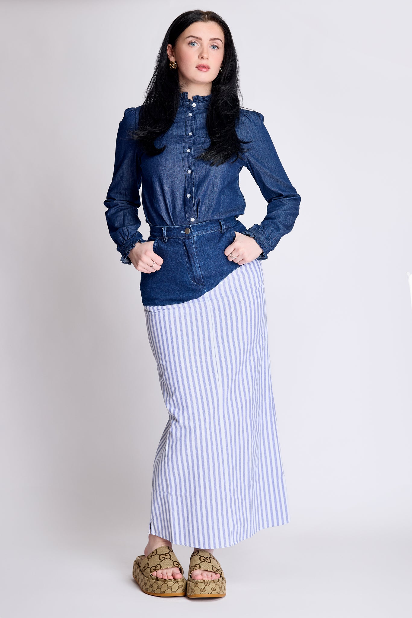 The Reimagined skirt - dark wash denim and blue stripes