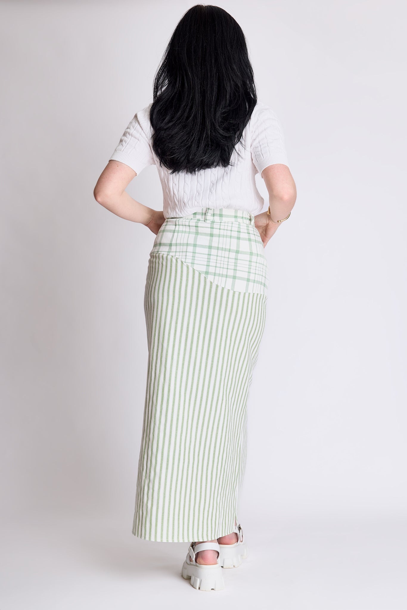 The Reimagined skirt - sage plaid denim and sage stripes