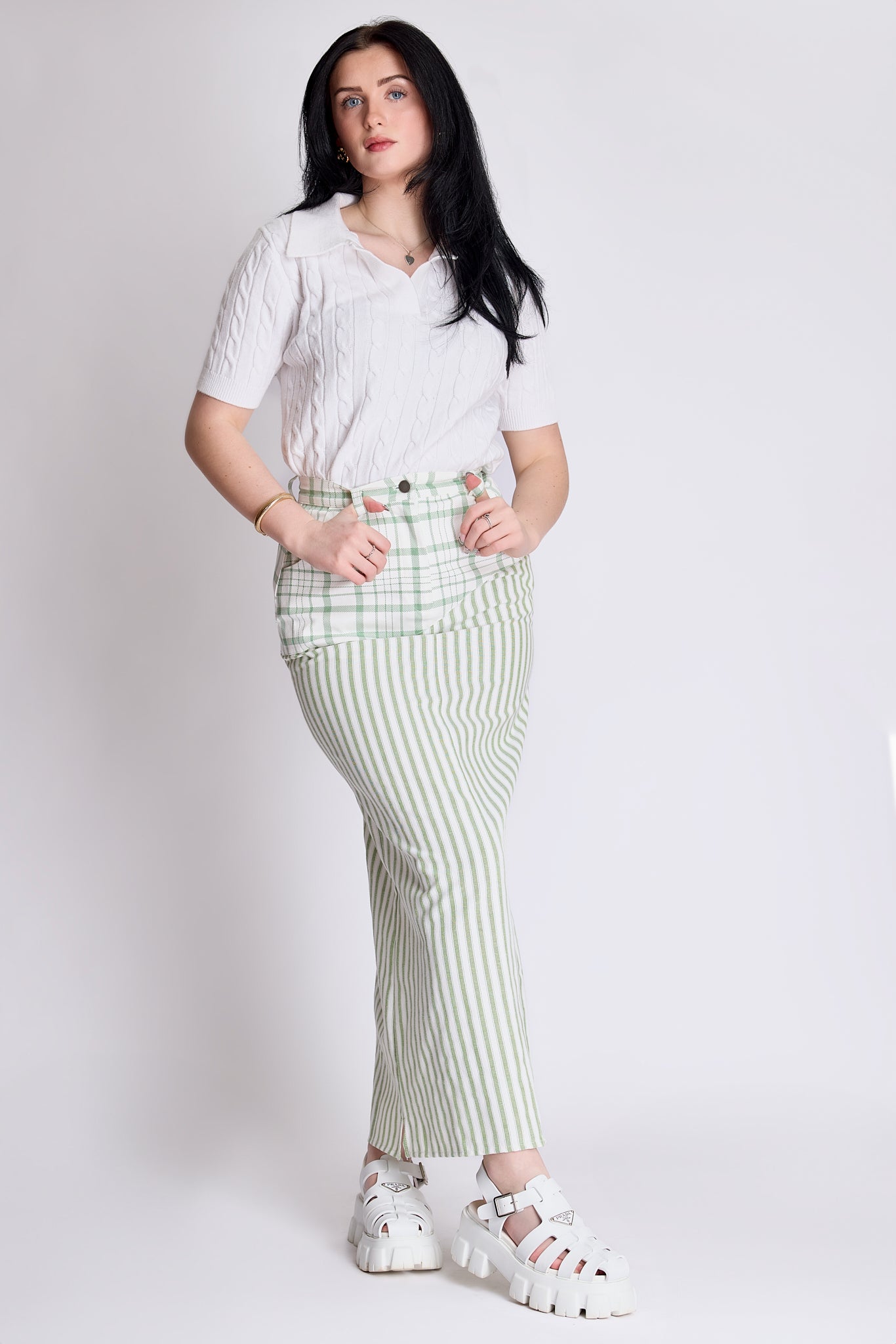 The Reimagined skirt - sage plaid denim and sage stripes