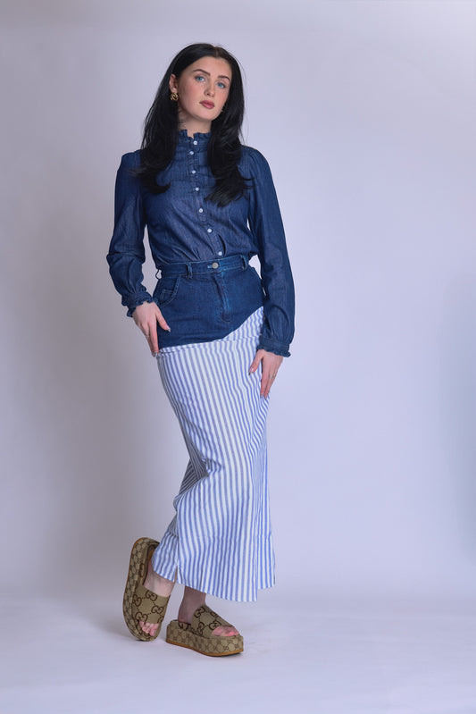 The Reimagined skirt - dark wash denim and blue stripes