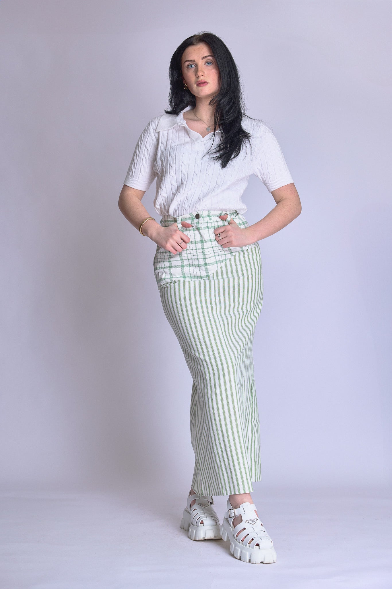 The Reimagined skirt - sage plaid denim and sage stripes