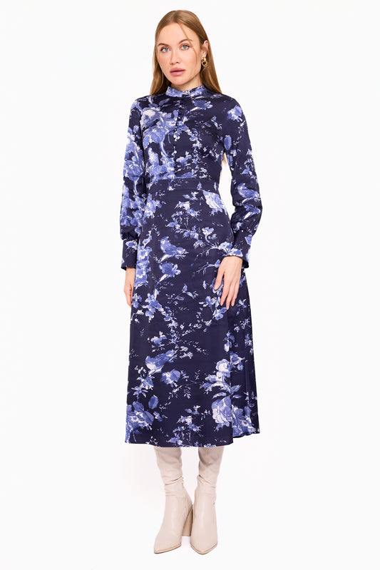 satin navy floral dress